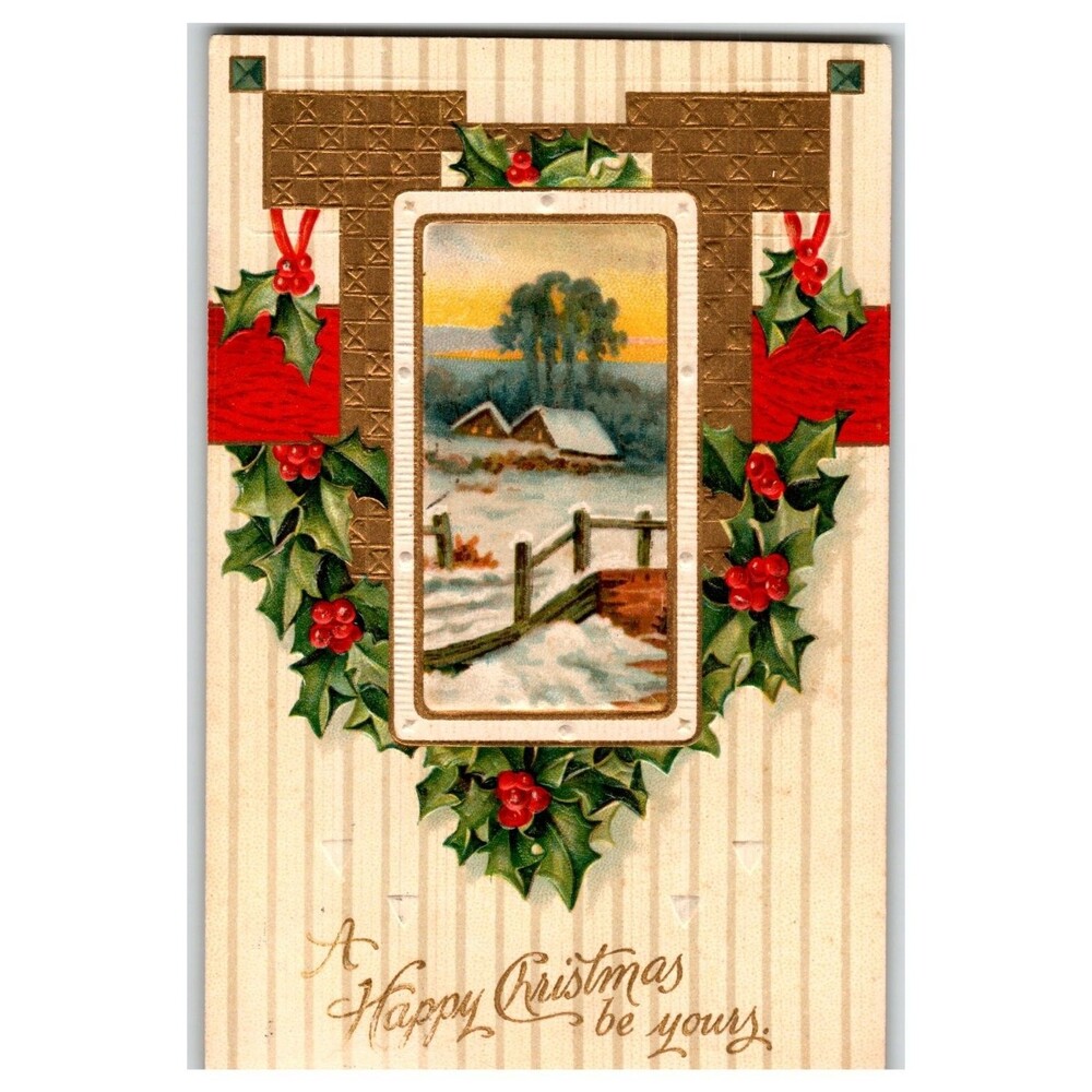 1909 Embossed Christmas Postcard Winter Landscape Holly Wreath Posted Germany